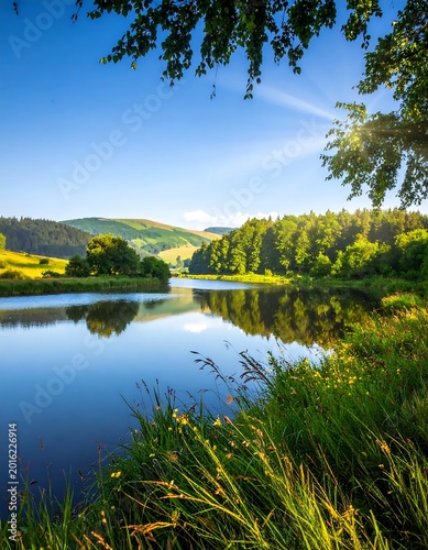 Scenic Summer Landscape With A Calm Blue River Reflecting Green Hills And A Bright Sunburst Through Tree Leaves On A Clear Sunny Day