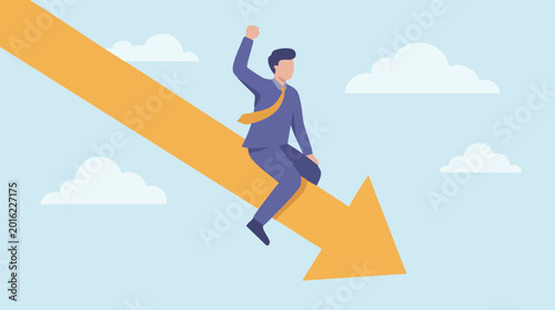 Photos Optimistic businessman riding a downward trend arrow in the sky