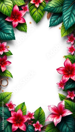 Ornate tropical leaves and flowers forming a decorative border, ideal for invitations,  foliage,  ornate