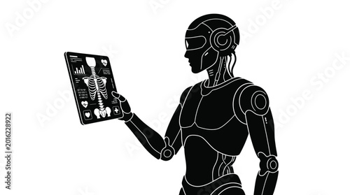 Advanced humanoid robot holding a digital tablet displaying medical skeletal scan results in this monochrome image
