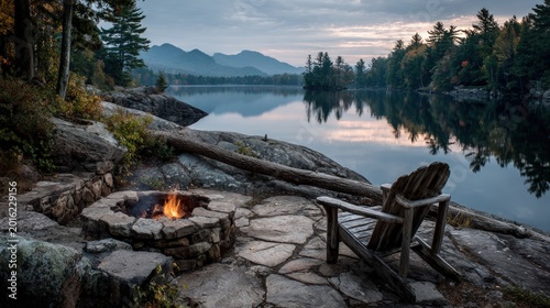Adirondack chair and stone fire pit by a calm mountain lake at dusk