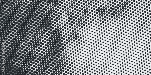 Black hexagon gradient texture. Fading honeycomb pattern background. Geometric hexagonal halftone tech overlay backdrop. Abstract grunge halfton wallpaper. Vector retro technology dot texure wallpaper