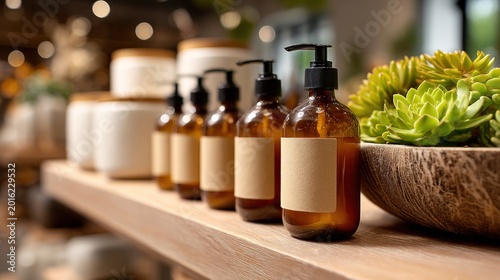 Amber glass pump bottles with blank mockup labels on a wooden shelf next to succulent plants in a warm spa setting