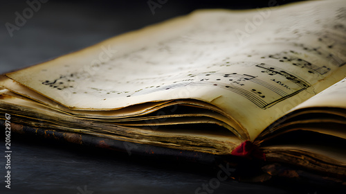 hymnal. Worn leather-bound hymnal with yellowed pages on dark textured background. event programs, museum guides, designed for cultural heritage projects and event programs, supports education.