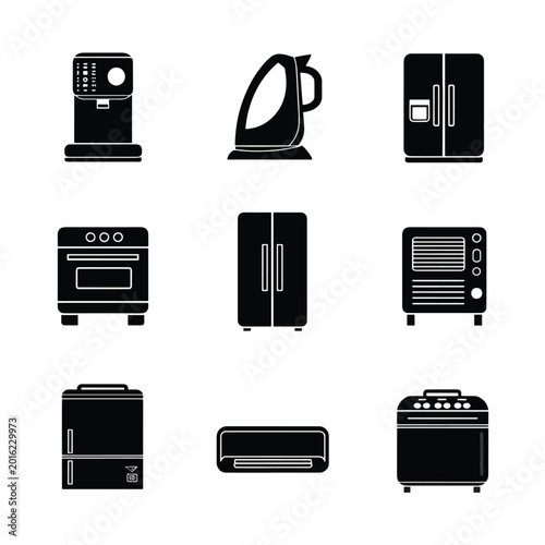 Black and white kitchen appliances icons.
