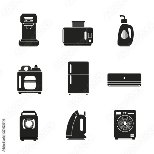 Black and white household appliances icons.