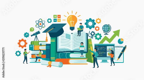 Education concept illustration. The image depicts people and objects associated with learning and knowledge