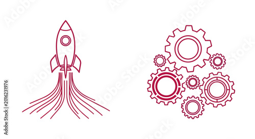 Conceptual drawing shows rocket launching for new business startup and project launch representing innovation and progress Interconnected gears symbolize efficient operational processes teamwork