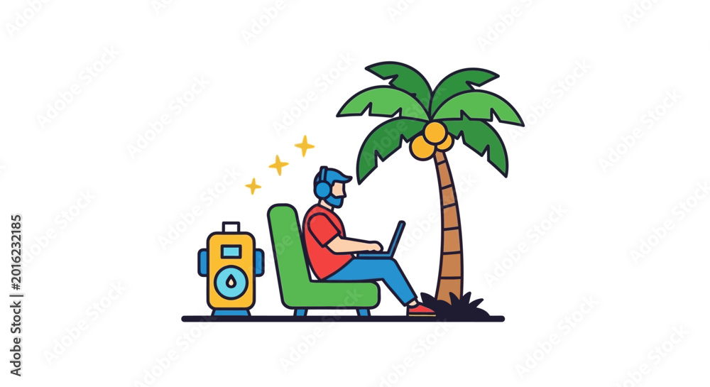 Fototapeta premium Digital nomad working remotely on a laptop under a palm tree with a portable power station.