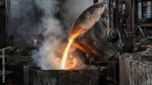 Photoreal industrial editorial photograph of ductile iron magnesium ferrosilicon treatment ladle being poured at temperature inside an iron foundry treatment station with white smoke billowing