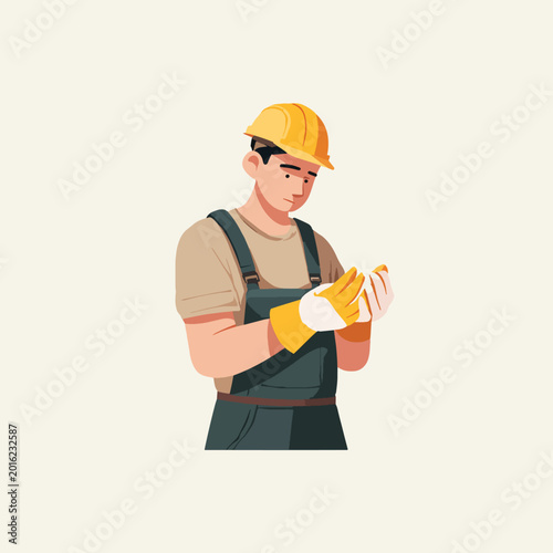 Man wearing yellow hard hat and gloves.