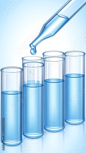 Scientific Glass Test Tubes With Blue Liquid And Pipette Dropper Adding Fluid On Reflective Blue Background For Medical Or Laboratory Concept