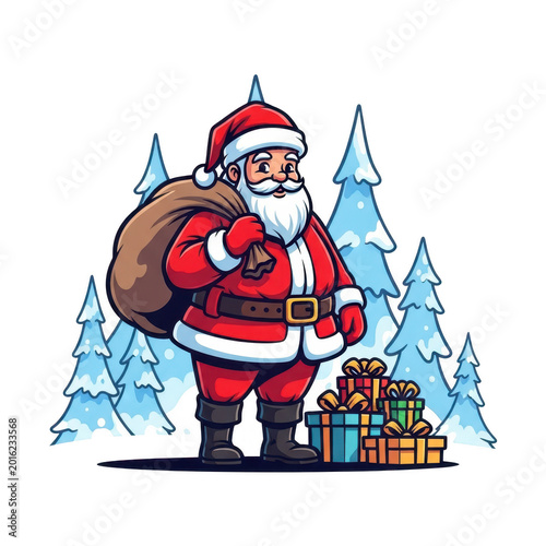 Santa claus carrying gifts in a winter forest isolated on transparent background