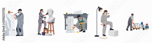 Canvas-taulu Flat vector illustration set of professional sculptors and stonemasons working on marble statues, columns, and stone blocks with various tools