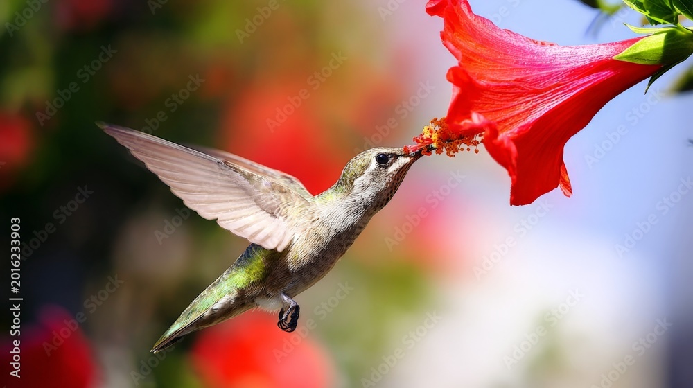 Naklejka premium A hummingbird is eating a red flower. The flower is in the foreground and the bird is in the background