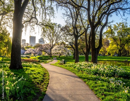 Scenic Winding Park Path Through Vibrant Green Spring Landscape With Blooming Flowers And Trees Under Warm Sunlight With A Distant City Skyline
