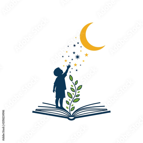 Child Reaching for Stars from Open Book with Growing Plant.