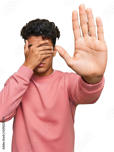 Man expressing discomfort and refusal isolated on transparent background