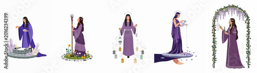 Bilde på lerret Set of five flat vector illustrations depicting mystical women in purple robes performing spiritual rituals, magic, and goddess-themed activities