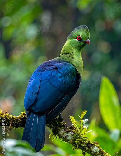 Turaco Bird Wildlife Photograph Green And Blue Feathers Perched On A Mossy Branch In A Tropical Forest With Soft Bokeh