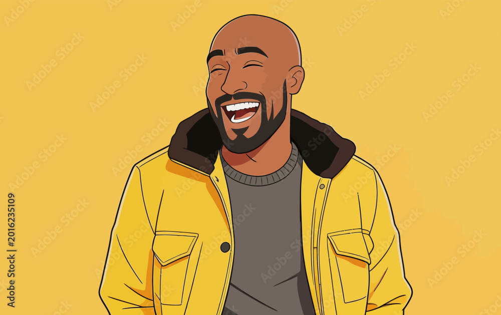 Obraz premium Cartoon laughing bald black male character in yellow jacket