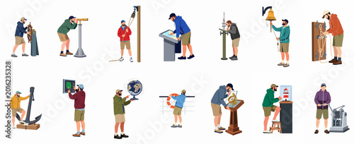 Foto Flat vector illustration set of a bearded man engaged in various maritime, nautical, and seafaring activities on white background