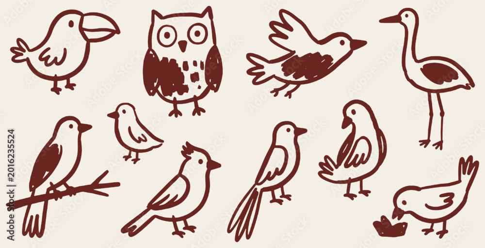 Fototapeta premium Collection of hand-drawn bird illustrations in a simple, doodle style, featuring various bird species.