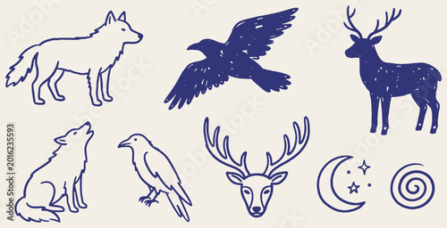 Tableau sur toile Set of hand-drawn forest animals and nature elements, including wolf, raven, deer, moon, and spiral, in a doodle style