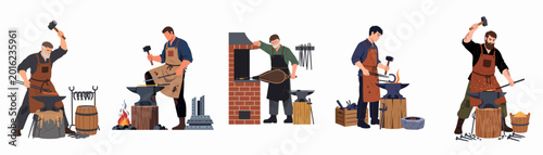 Quadro su tela Set of professional blacksmith characters practicing traditional metalcraft and forging hot metal with hammers on anvils in a workshop
