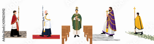 Obraz na płótnie Set of five vector illustrations showing clergy members in diverse liturgical vestments and church settings during religious ceremonies and processions
