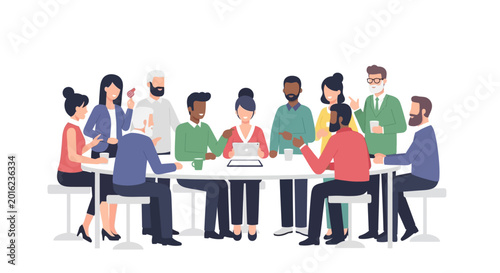 Φωτογραφία A group of diverse people sitting around a table discussing and working together in an office setting with laptops