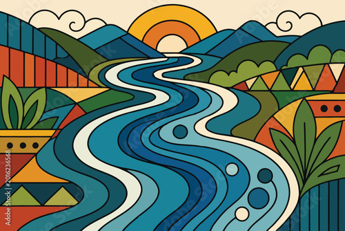 Konstfotografi Colorful landscape illustration with a winding river and sunset mountains