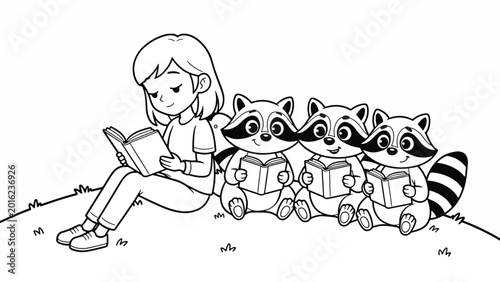 Girl sitting with cute raccoons.