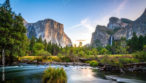 Yosemite Valley Sunrise: El Capitan, Bridalveil Fall, Merced River, Sierra Nevada Mountains