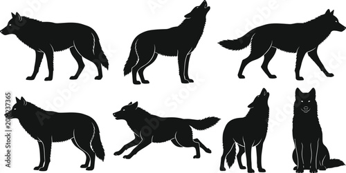 Canvastavla Black, and, white, wolf, silhouette, set, of, six, howling, running, standing, a
