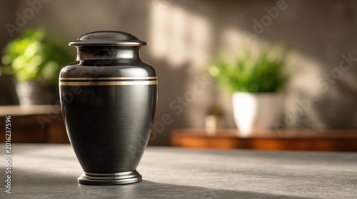 Black cremation urn with gold accents on a table in a bright room with soft sunlight