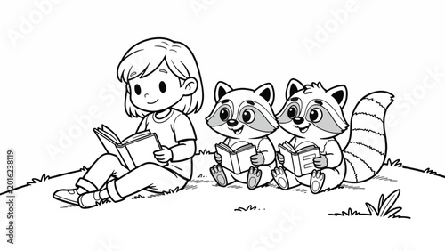 Girl sitting with three raccoons reading.