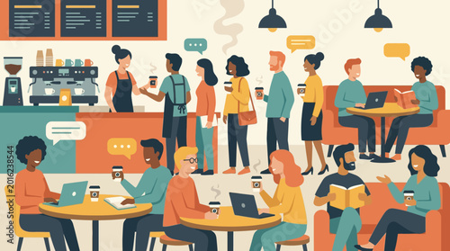 people working and socializing in a modern coffee shop with laptops.