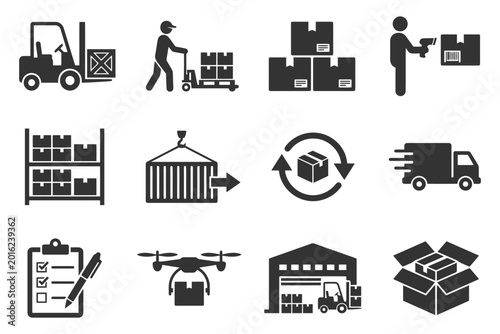 Logistics and warehouse icon set featuring boxes, forklift, and delivery truck.