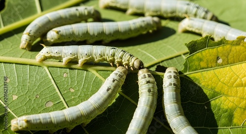 Silkworms crawling on mulberry leaves a close up view of sericulture