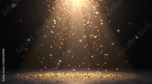 Golden confetti falling from bright light onto dark floor celebration party