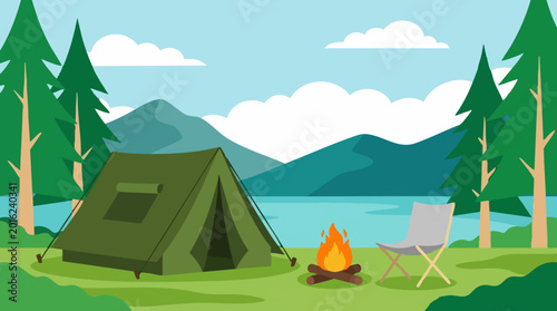 Fotografía Flat design illustration of a camping scene with tent, campfire, and lake