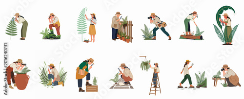 Konstfotografi Set of vector illustrations of botanists and nature explorers studying ferns and plants with magnifying glasses and cameras in various outdoor settings