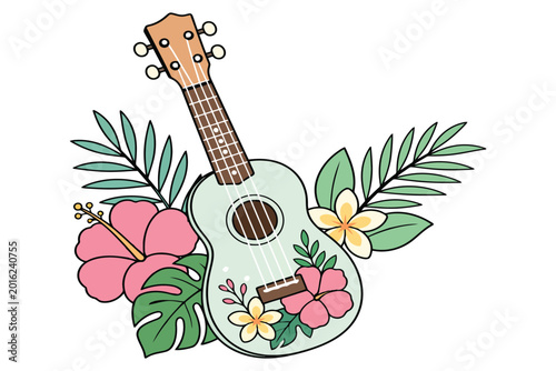 Canvas Print Cute ukulele guitar decorated with tropical hibiscus flowers and palm leaves