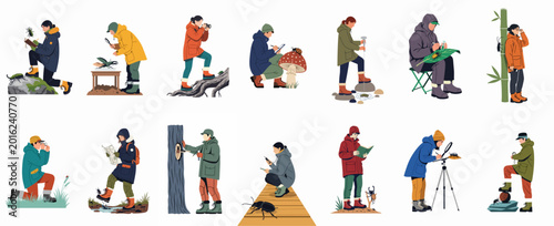Cuadro en lienzo Collection of entomologists and nature lovers studying and documenting insects and beetles in various outdoor environments, flat vector illustration