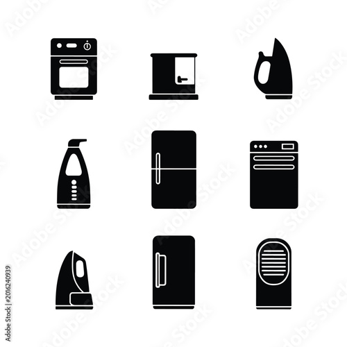 Black icons of household appliances.