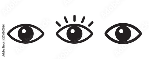 Quadro em tela Three eye icons showing different visual states including shining light and classic pupil design for website