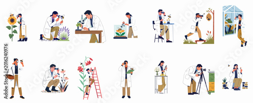 Foto Scientists and entomologists in lab coats studying bees, flowers, and beehives in various outdoor and laboratory settings