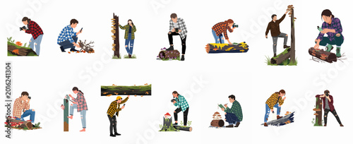 Flat illustration set of people foraging for wild mushrooms, taking photos and studying fungi in the forest on white background.