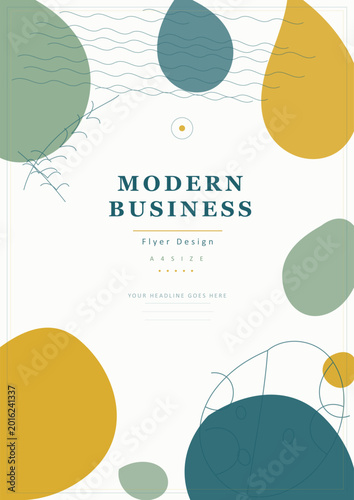 Modern Business Flyer Template Design. Abstract Professional Layout with Organic Teal and Yellow Shapes and Elegant Typography